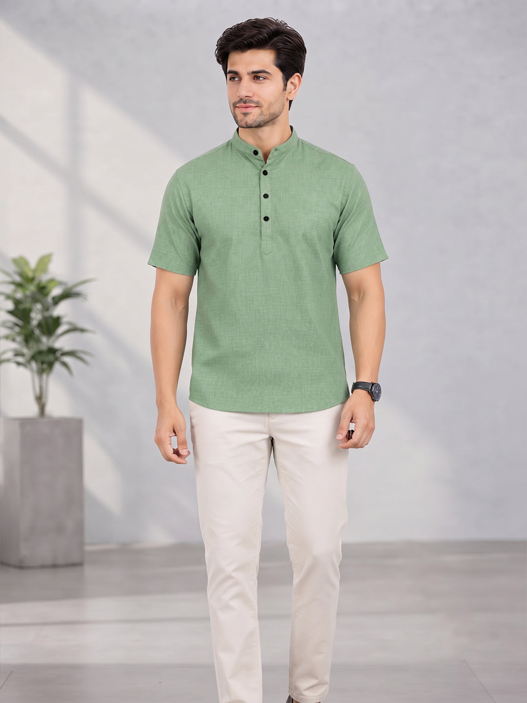 VORA LABEL Men’s Cotton Blend Mandarin Collar Half Kurta | Short Sleeve Solid Casual Wear
