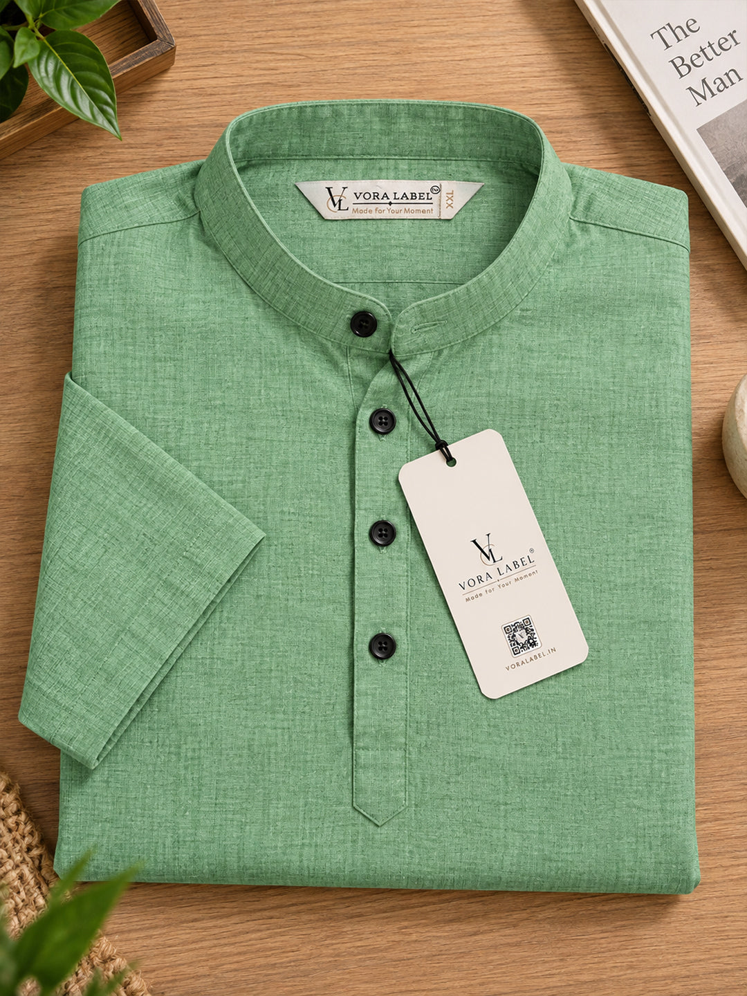 VORA LABEL Men’s Cotton Blend Mandarin Collar Half Kurta | Short Sleeve Solid Casual Wear