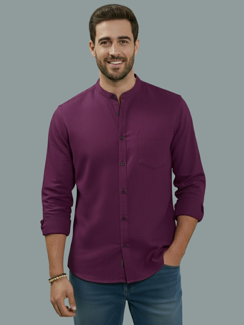 VORA LABEL Men Cotton Regular Fit Mandarin Collar Casual Shirt - Pink