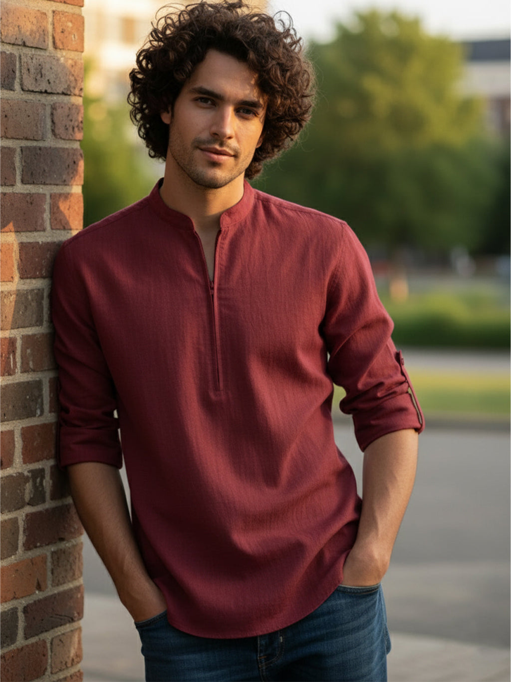 VORA LABEL Men Cotton Blend Striped Solid Short Kurta - Beige