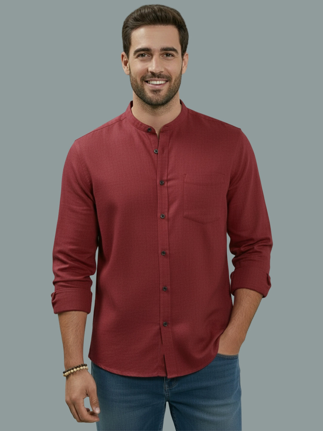 VORA LABEL Men Cotton Regular Fit Mandarin Collar Casual Shirt - Pink