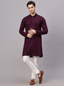 VORA LABEL Men Rayon Schiffli Chikankari Embroidered Long Kurta Set - Yellow