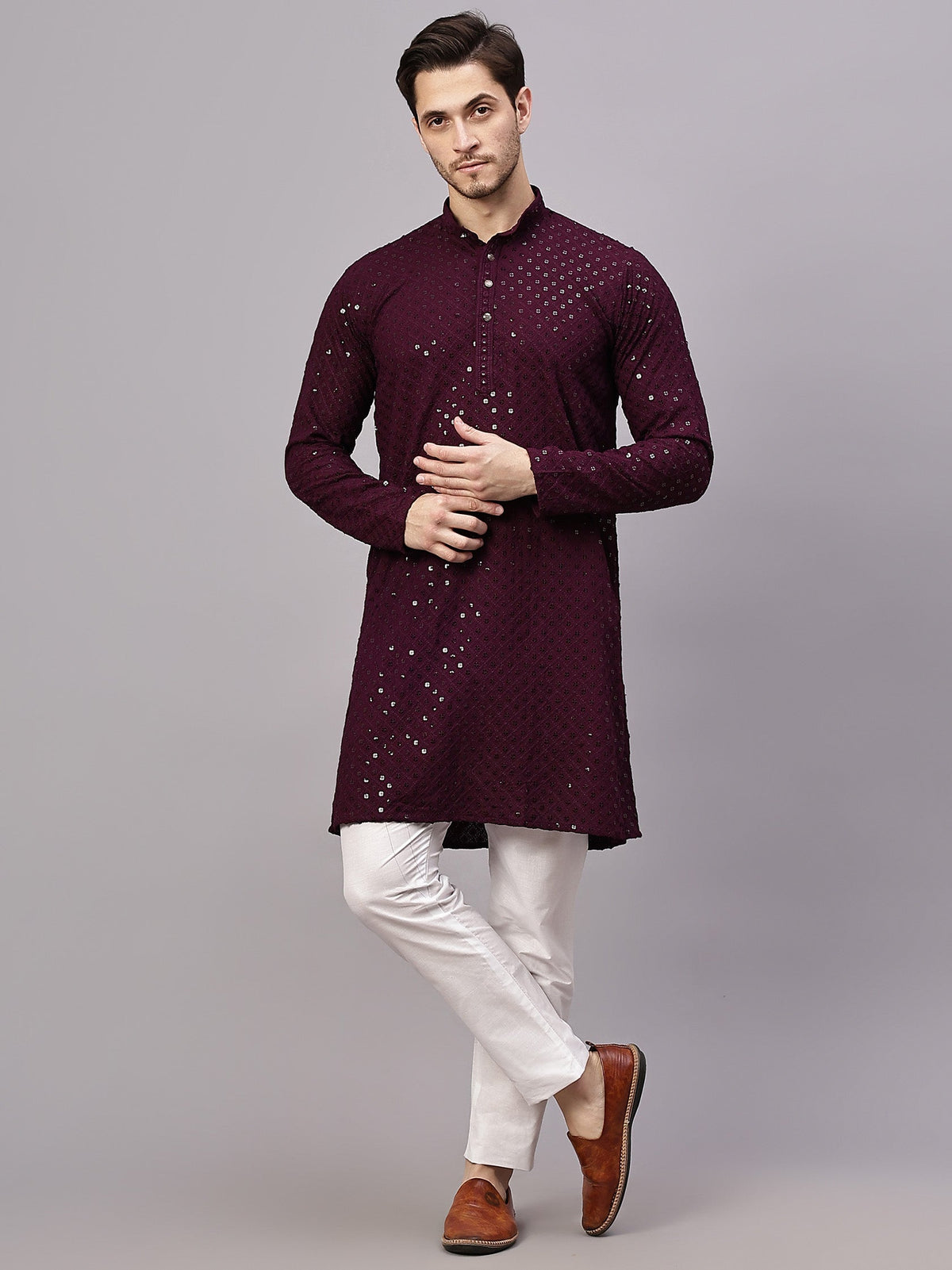 VORA LABEL Men Rayon Schiffli Chikankari Embroidered Long Kurta Set - Yellow
