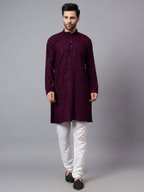 VORA LABEL Men Rayon Schiffli Chikankari Embroidered Long Kurta Set - Red