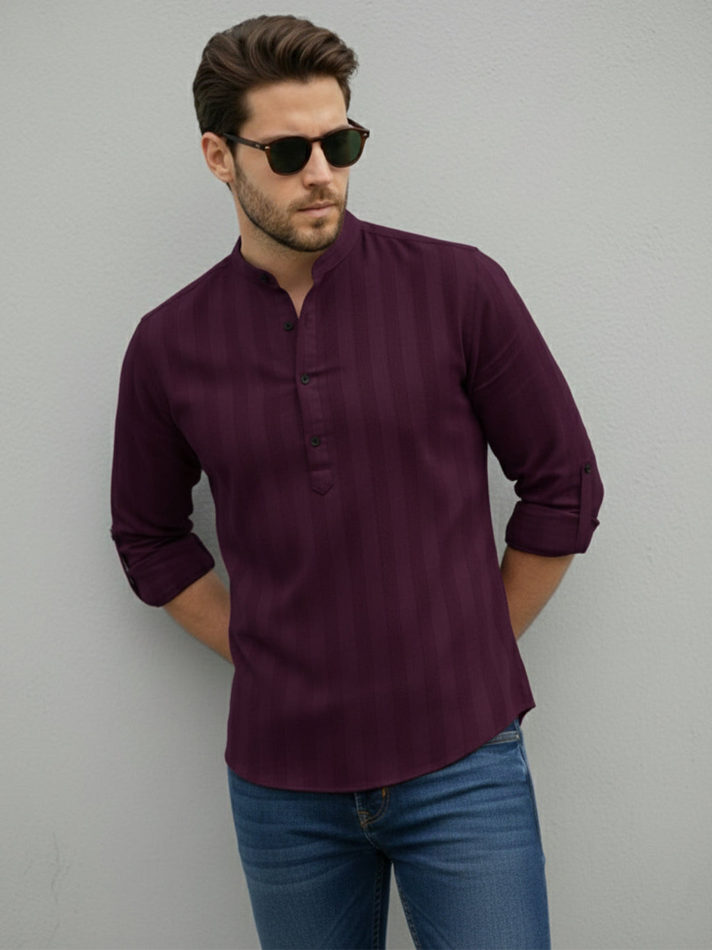 VORA LABEL Men Cotton Striped Relaxed Fit Short Kurta - Magenta