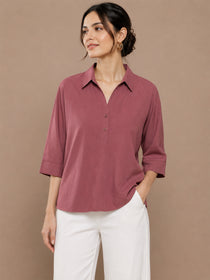 VORA LABEL Women’s Solid Viscose Relaxed Fit Collared Top | 3/4 Sleeve Casual & Office Wear Shirt