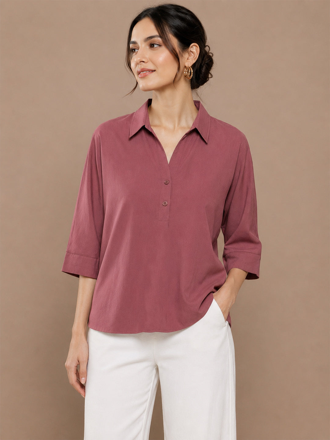 VORA LABEL Women’s Solid Viscose Relaxed Fit Collared Top | 3/4 Sleeve Casual & Office Wear Shirt