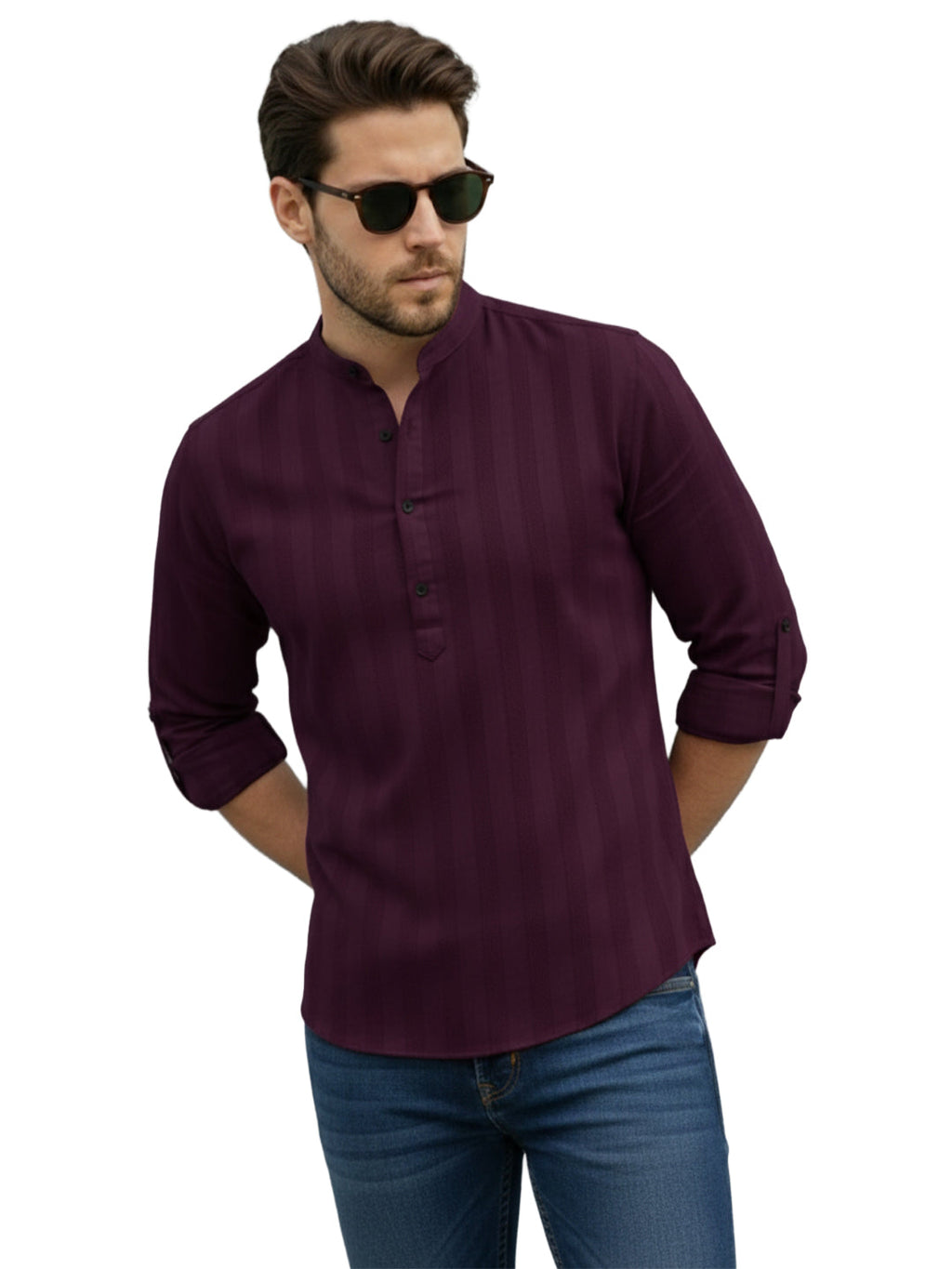 VORA LABEL Men Cotton Striped Relaxed Fit Short Kurta - Magenta