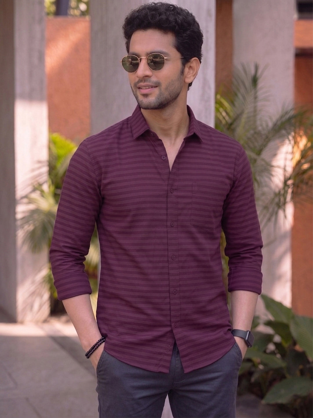 VORA LABEL Men Denim Striped Slim Fit Casual Shirt - Black