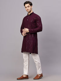 VORA LABEL Men Rayon Schiffli Chikankari Embroidered Long Kurta Set - Yellow