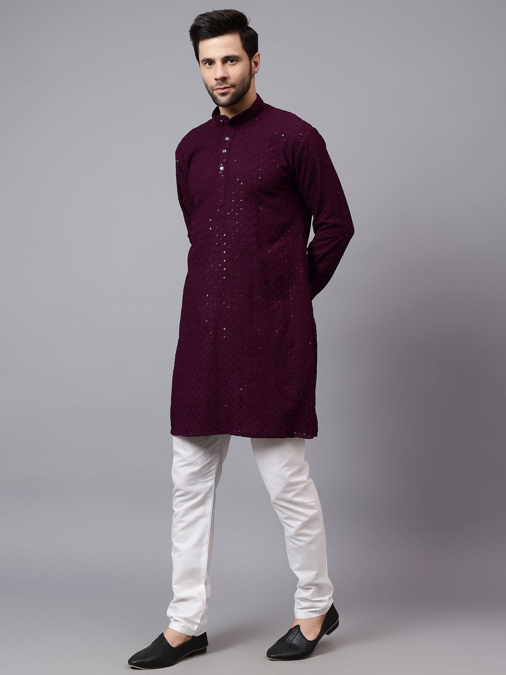 VORA LABEL Men Rayon Schiffli Chikankari Embroidered Long Kurta Set - Red