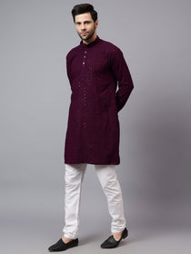 VORA LABEL Men Rayon Schiffli Chikankari Embroidered Long Kurta Set - Red