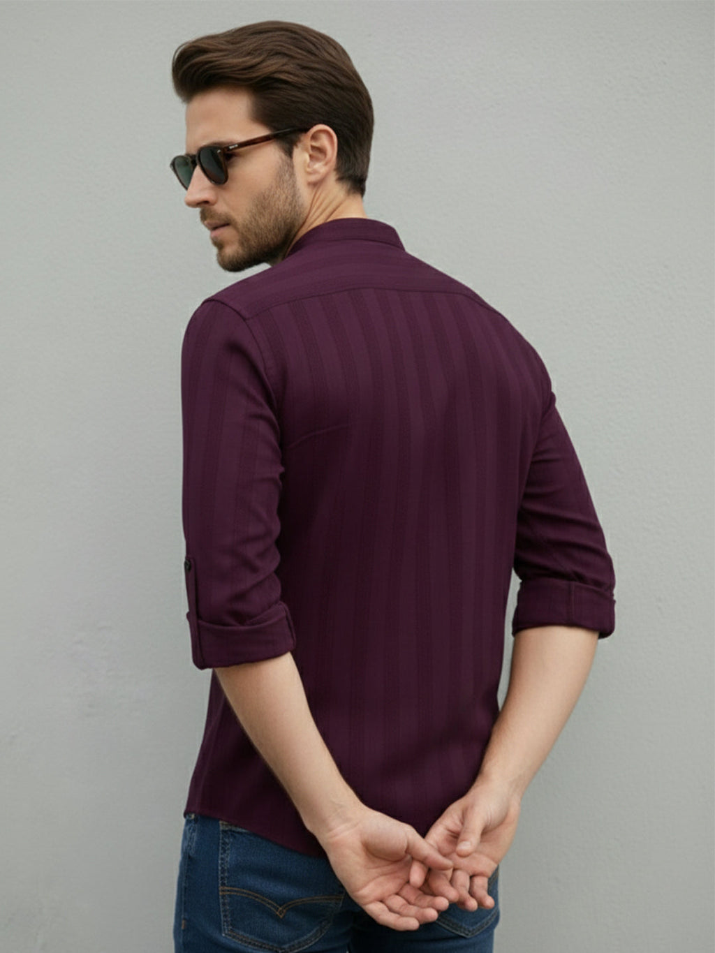 VORA LABEL Men Cotton Striped Relaxed Fit Short Kurta - Magenta