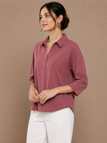 VORA LABEL Women’s Solid Viscose Relaxed Fit Collared Top | 3/4 Sleeve Casual & Office Wear Shirt
