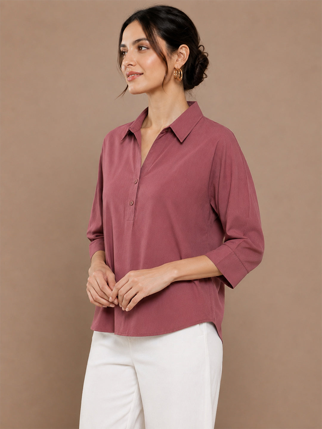 VORA LABEL Women’s Solid Viscose Relaxed Fit Collared Top | 3/4 Sleeve Casual & Office Wear Shirt