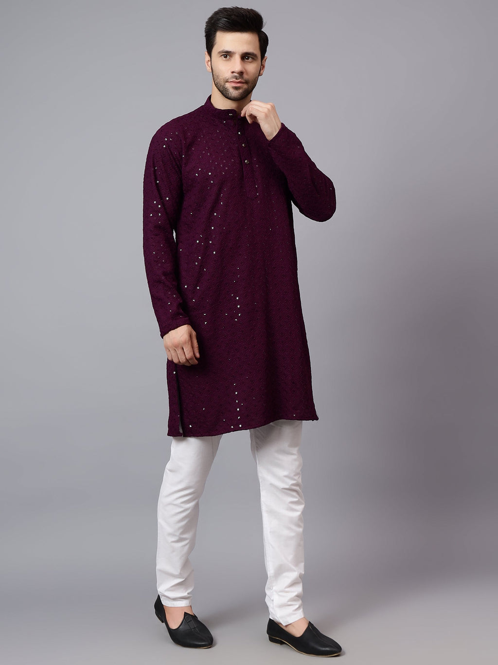 VORA LABEL Men Rayon Schiffli Chikankari Embroidered Long Kurta Set - Red