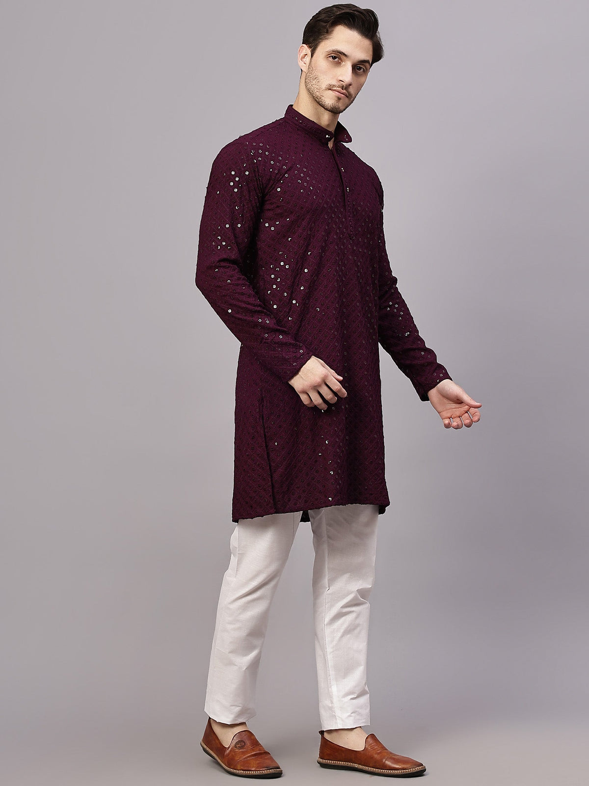 VORA LABEL Men Rayon Schiffli Chikankari Embroidered Long Kurta Set - Yellow