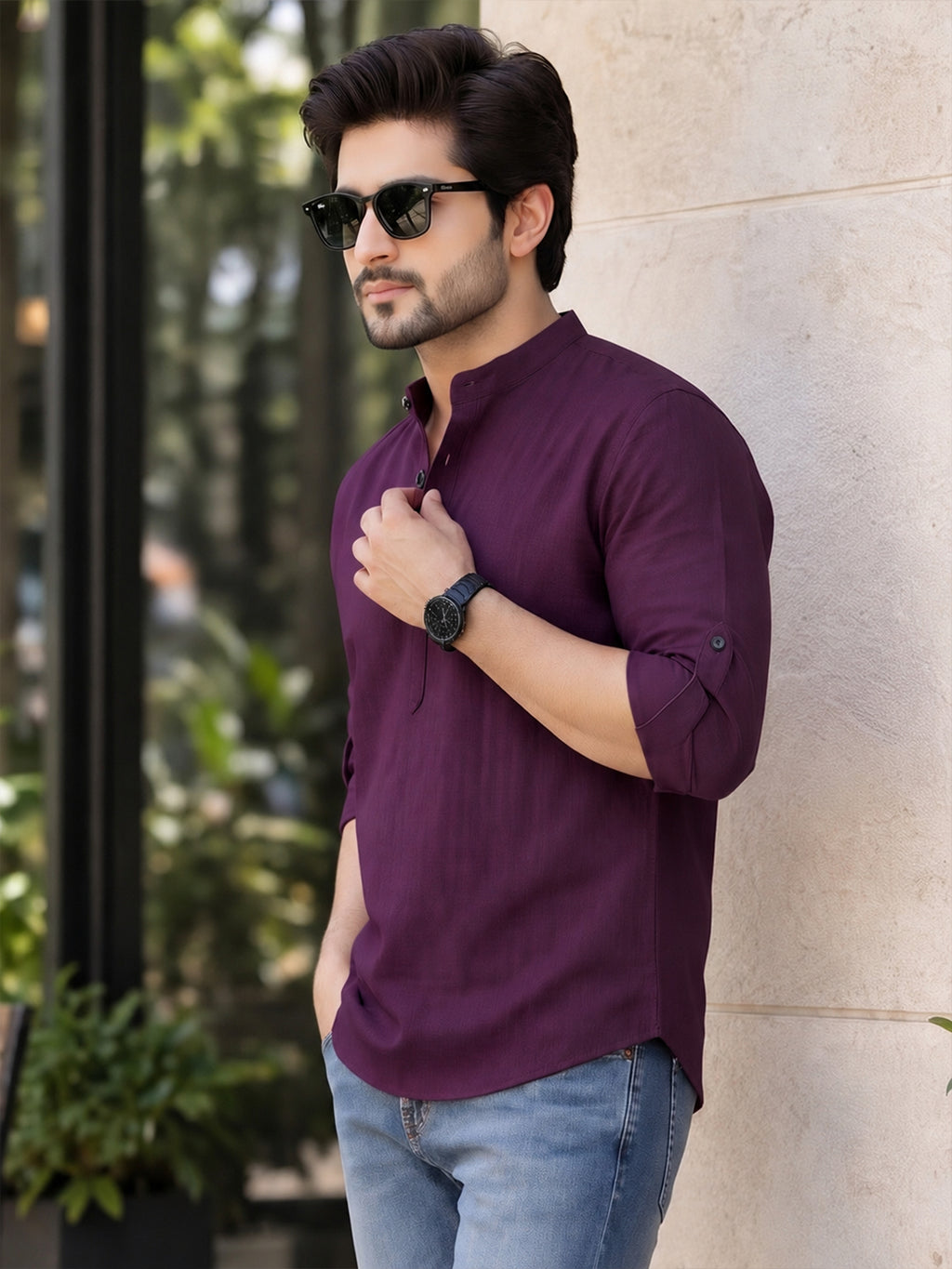 VORA LABEL Men’s Cotton Blend Solid Kurta | Mandarin Collar Full Sleeve Kurta | Casual & Festive Wear