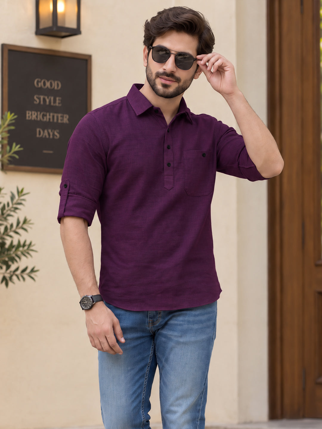VORA LABEL Men’s Cotton Blend Solid Kurta | Mandarin Collar Full Sleeve Kurta with Pocket | Casual & Festive Wear