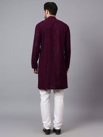 VORA LABEL Men Rayon Schiffli Chikankari Embroidered Long Kurta Set - Red