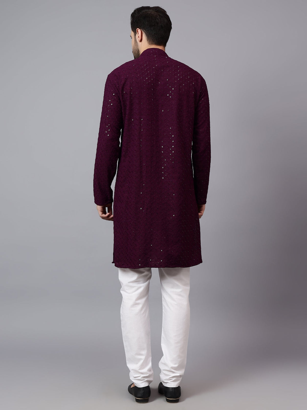 VORA LABEL Men Rayon Schiffli Chikankari Embroidered Long Kurta Set - Red
