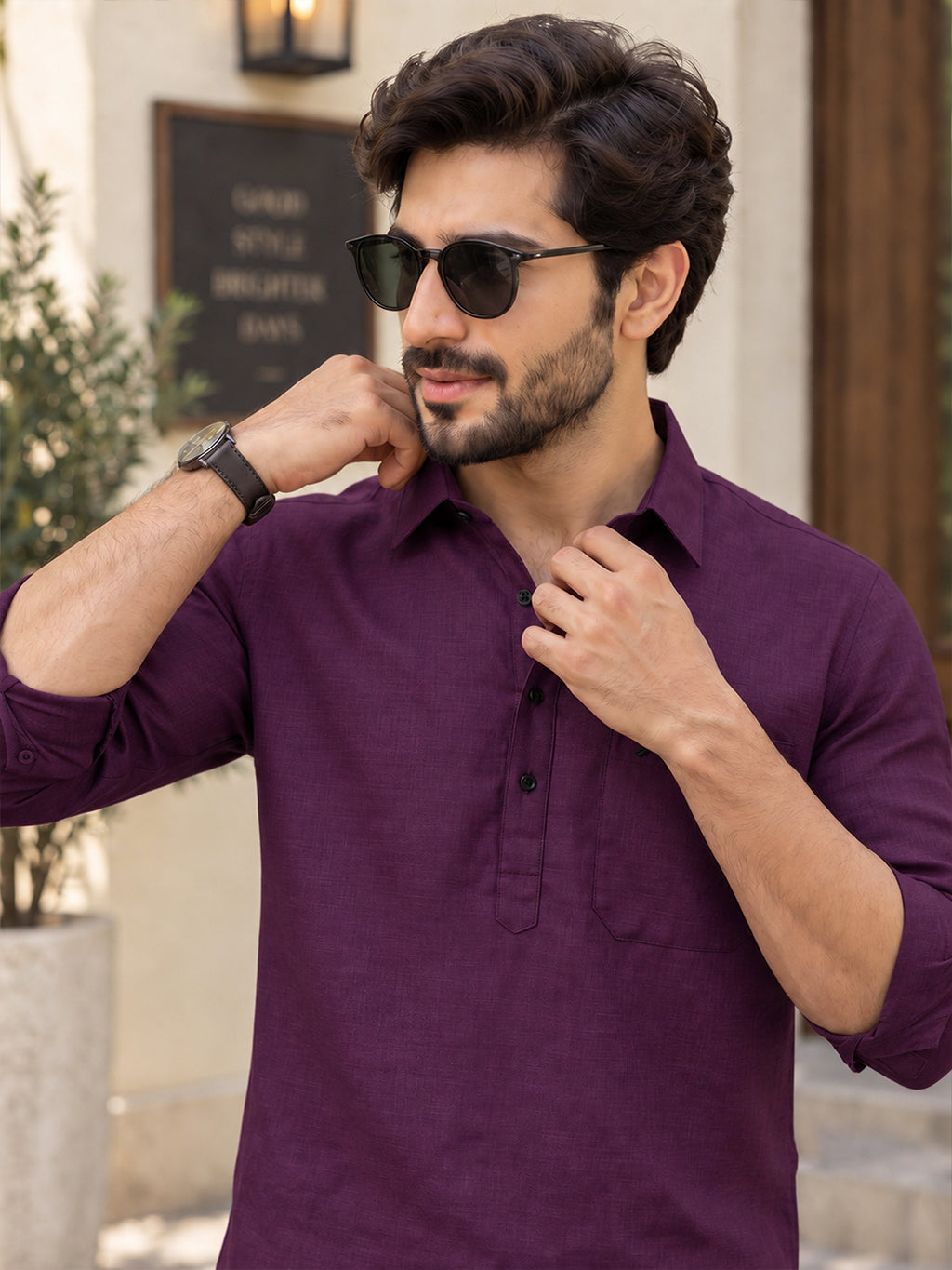 VORA LABEL Men’s Cotton Blend Solid Kurta | Mandarin Collar Full Sleeve Kurta with Pocket | Casual & Festive Wear