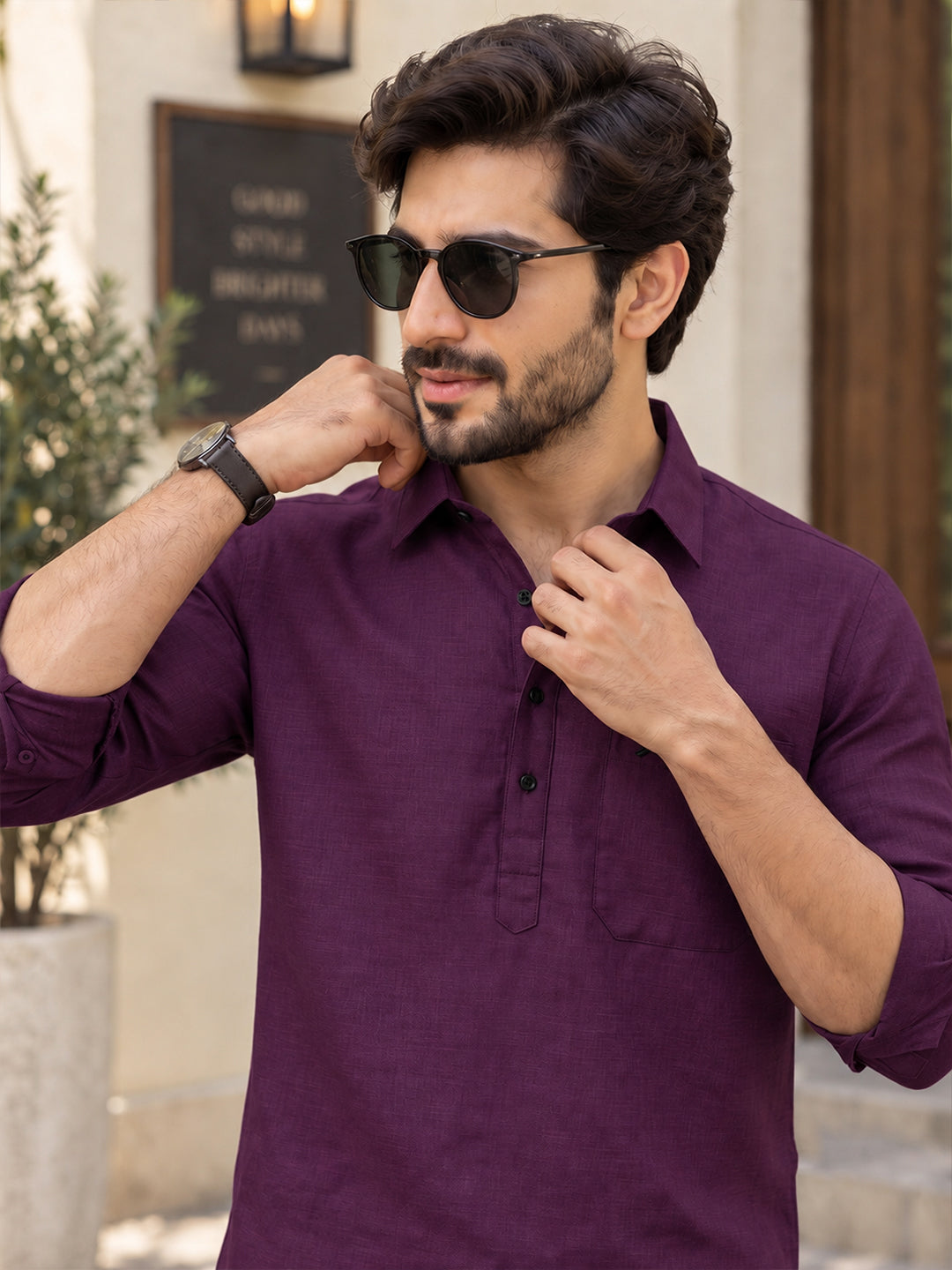 VORA LABEL Men’s Cotton Blend Solid Kurta | Mandarin Collar Full Sleeve Kurta with Pocket | Casual & Festive Wear