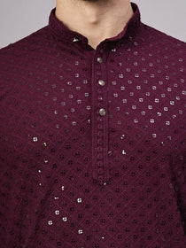VORA LABEL Men Rayon Schiffli Chikankari Embroidered Long Kurta Set - Yellow