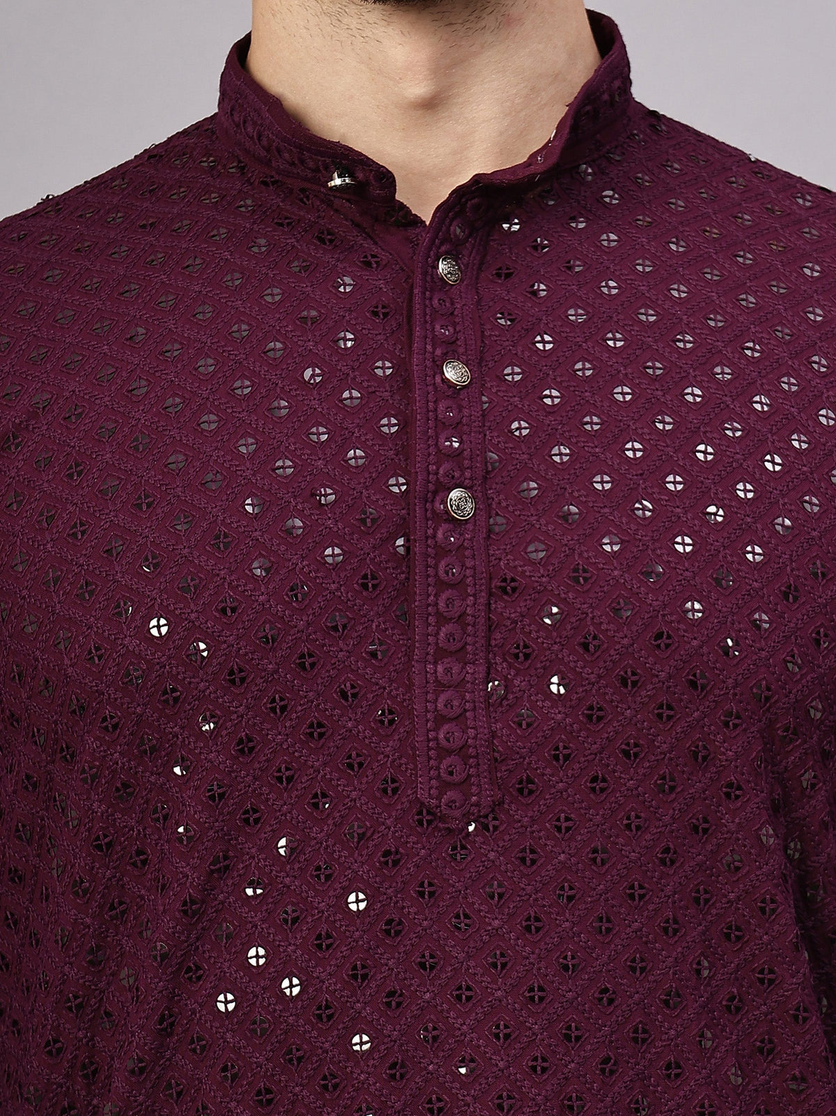 VORA LABEL Men Rayon Schiffli Chikankari Embroidered Long Kurta Set - Yellow