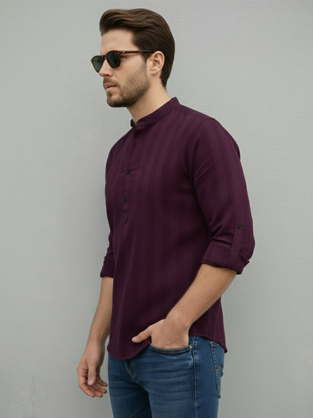 VORA LABEL Men Cotton Striped Relaxed Fit Short Kurta - Magenta