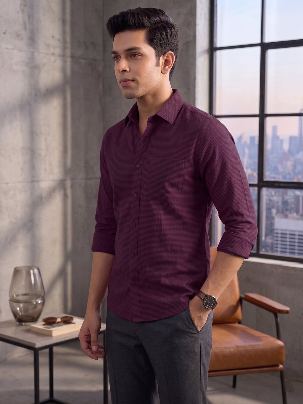 VORA LABEL Men Cotton Solid Regular Fit Casual Shirt - Magenta