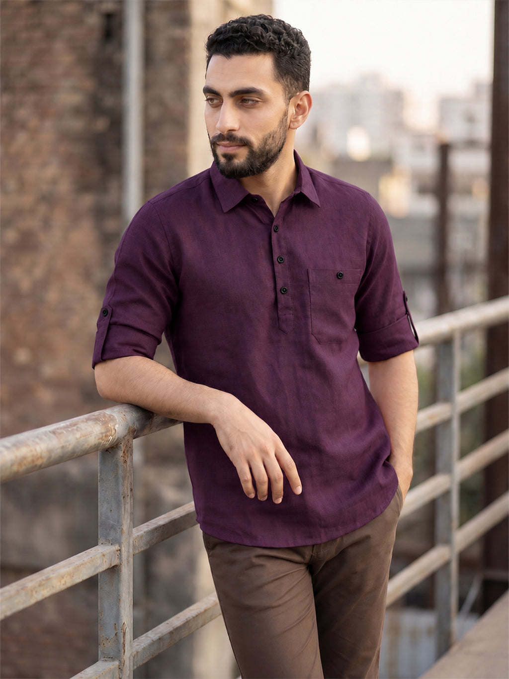 VORA LABEL Men’s Cotton Blend Solid Kurta | Mandarin Collar Full Sleeve Kurta with Pocket | Casual & Festive Wear