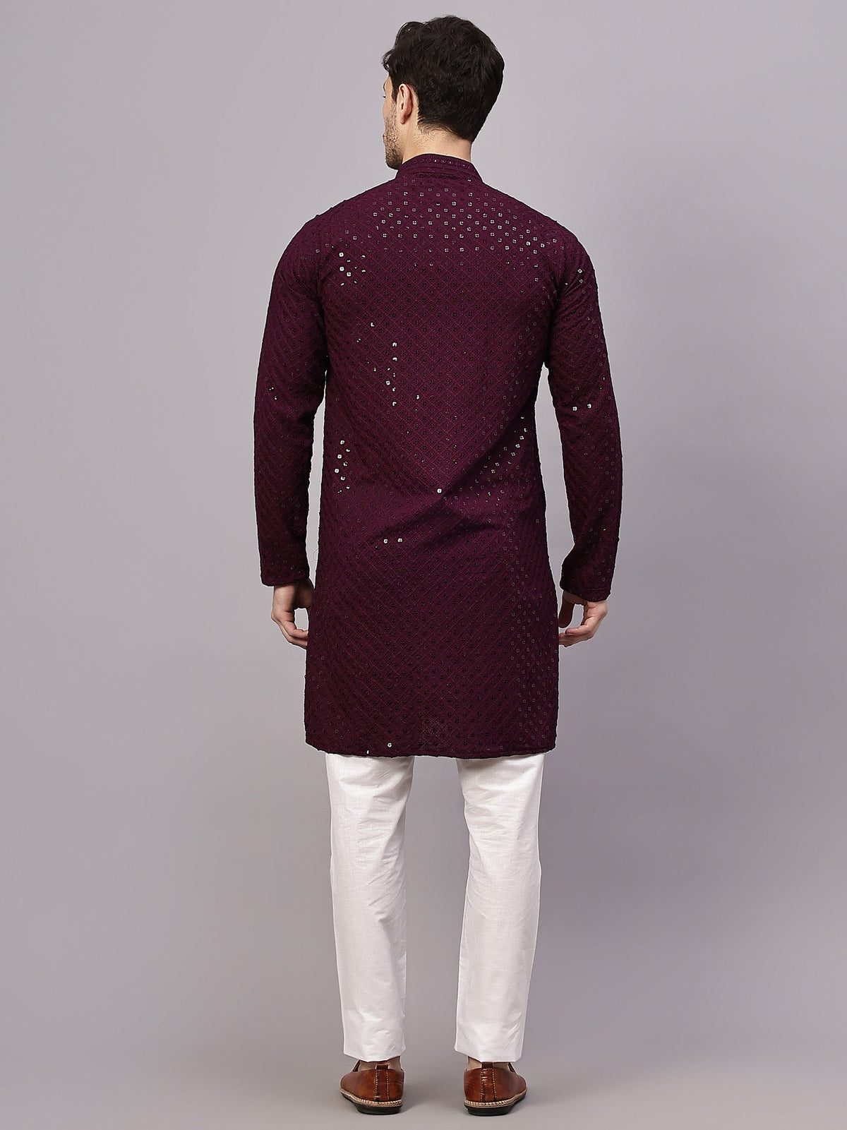 VORA LABEL Men Rayon Schiffli Chikankari Embroidered Long Kurta Set - Yellow