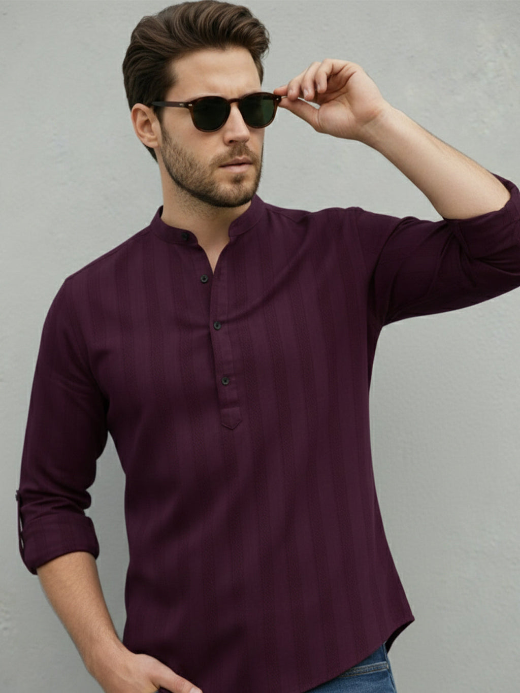 VORA LABEL Men Cotton Striped Relaxed Fit Short Kurta - Magenta
