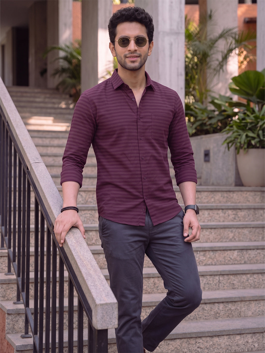 VORA LABEL Men Denim Striped Slim Fit Casual Shirt - Black
