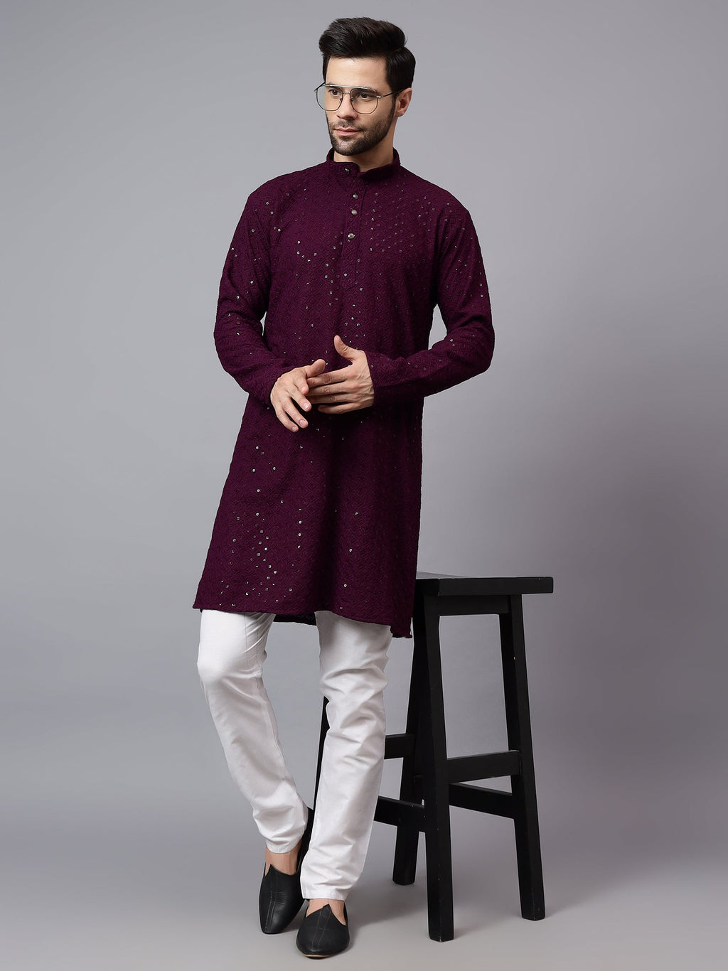 VORA LABEL Men Rayon Schiffli Chikankari Embroidered Long Kurta Set - Red