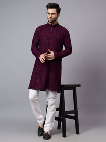 VORA LABEL Men Rayon Schiffli Chikankari Embroidered Long Kurta Set - Red