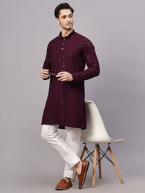 VORA LABEL Men Rayon Schiffli Chikankari Embroidered Long Kurta Set - Yellow