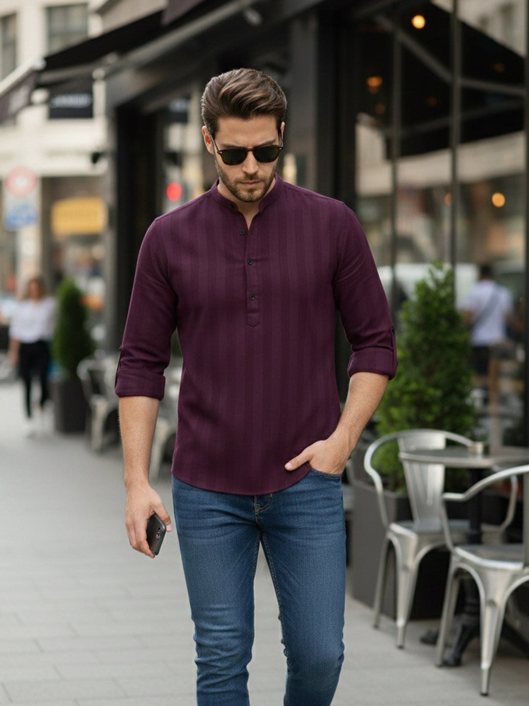 VORA LABEL Men Cotton Striped Relaxed Fit Short Kurta - Magenta Main image