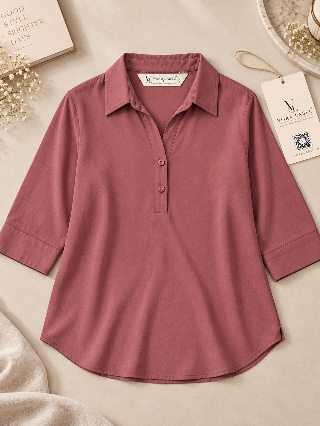 VORA LABEL Women’s Solid Viscose Relaxed Fit Collared Top | 3/4 Sleeve Casual & Office Wear Shirt