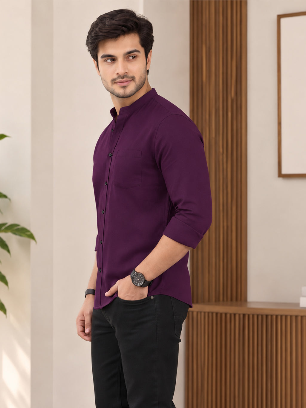 VORA LABEL Men’s Cotton Blend Mandarin Collar Shirt | Full Sleeve Solid Casual & Smart Wear