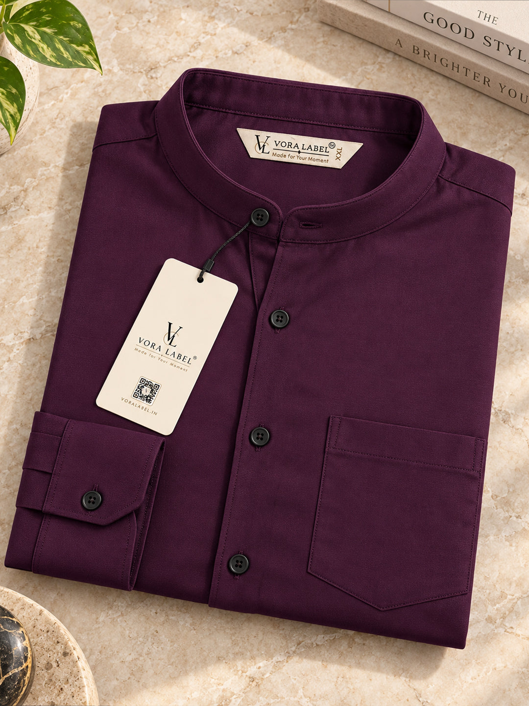 VORA LABEL Men’s Cotton Blend Mandarin Collar Shirt | Full Sleeve Solid Casual & Smart Wear