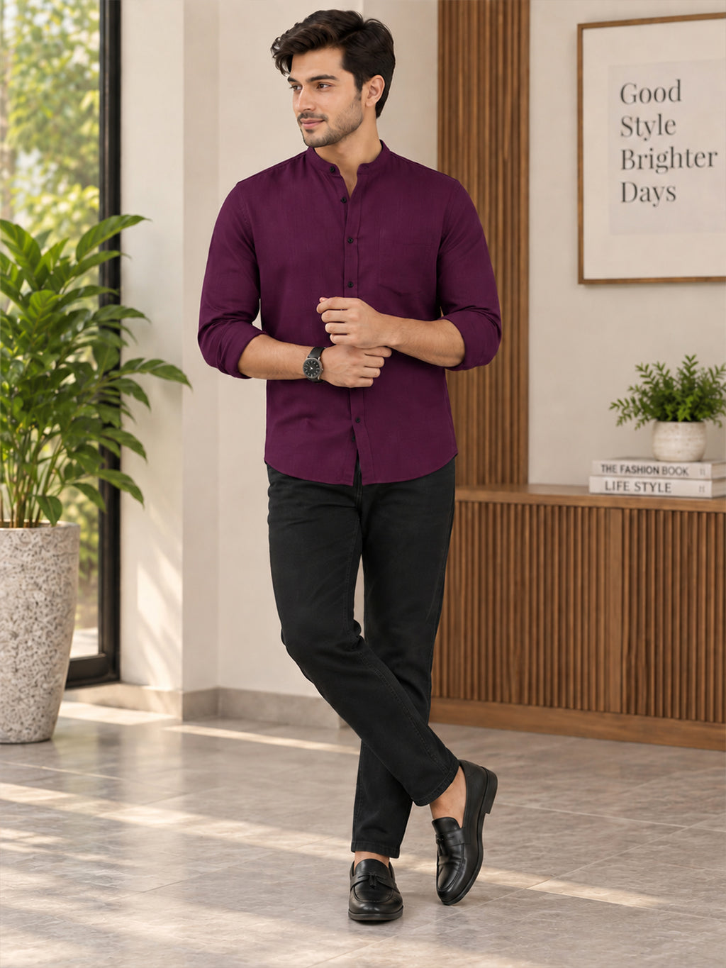 VORA LABEL Men’s Cotton Blend Mandarin Collar Shirt | Full Sleeve Solid Casual & Smart Wear