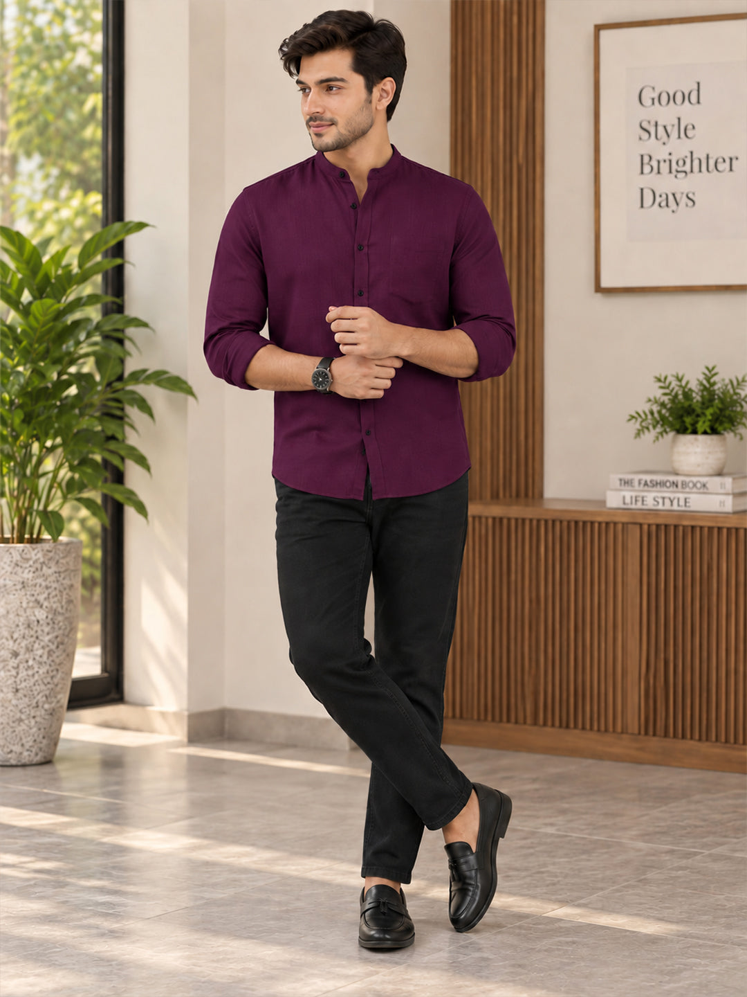 VORA LABEL Men’s Cotton Blend Mandarin Collar Shirt | Full Sleeve Solid Casual & Smart Wear