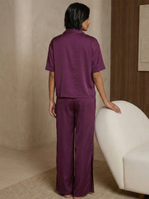 VORA LABEL Women Linen Solid Relaxed Fit Night Suit Set - Magenta