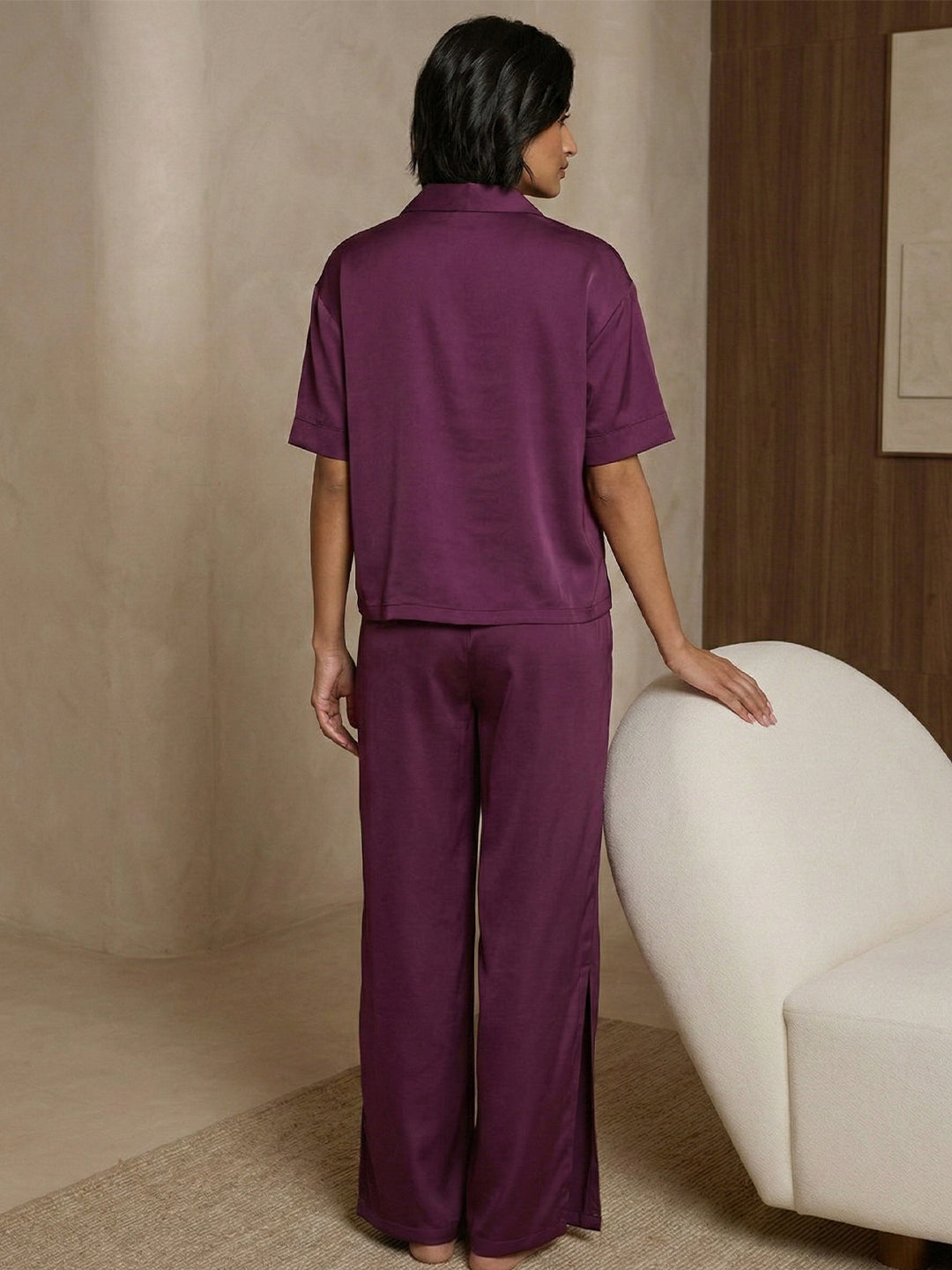 VORA LABEL Women Linen Solid Relaxed Fit Night Suit Set - Magenta