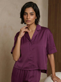 VORA LABEL Women Linen Solid Relaxed Fit Night Suit Set - Magenta