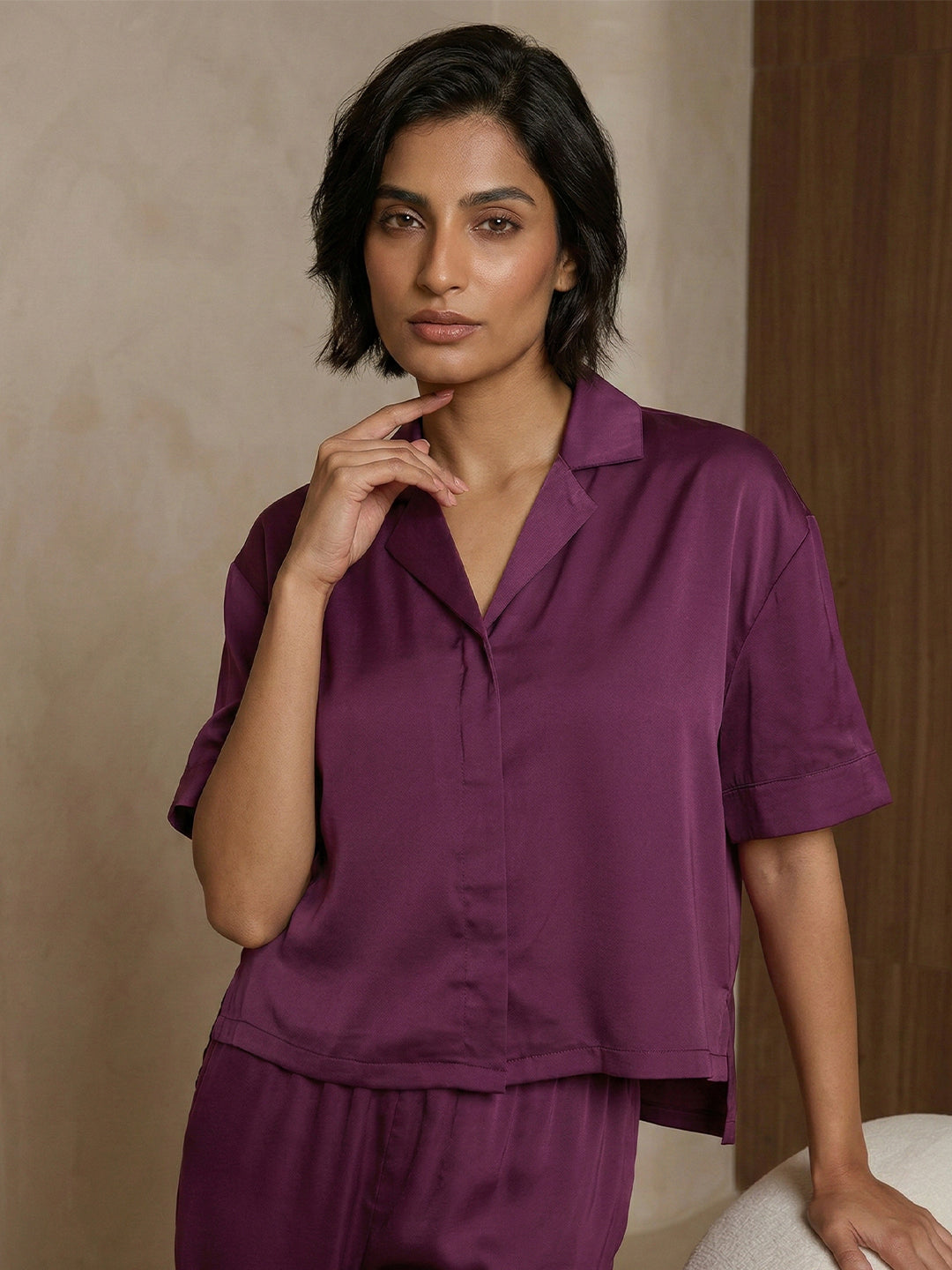 VORA LABEL Women Linen Solid Relaxed Fit Night Suit Set - Magenta