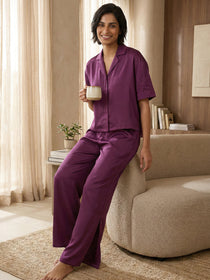 VORA LABEL Women Linen Solid Relaxed Fit Night Suit Set - Magenta