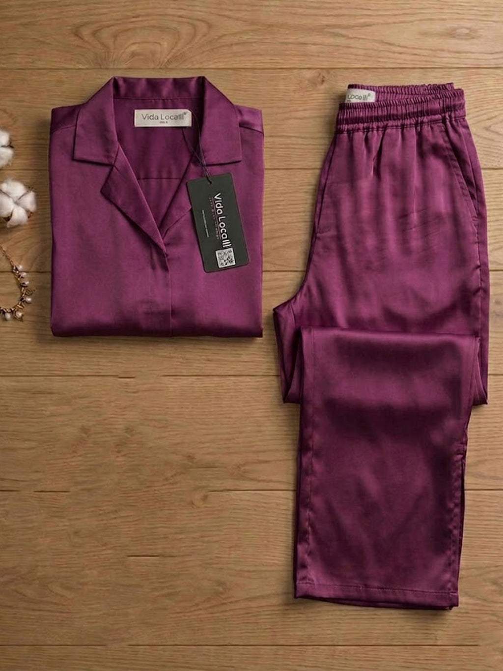 VORA LABEL Women Linen Solid Relaxed Fit Night Suit Set - Magenta